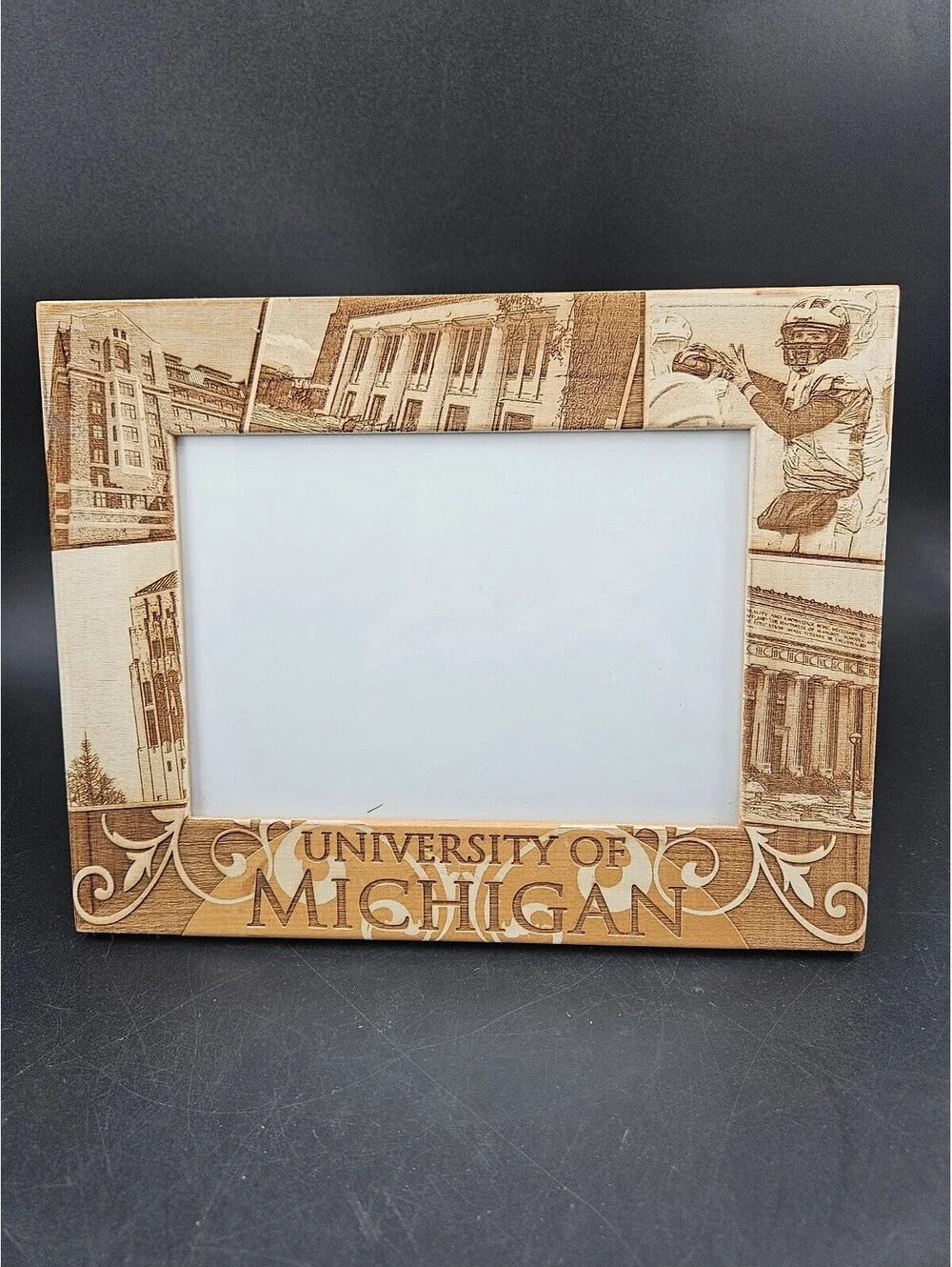 University of Michigan Wooden Photo Frame with Campus and Football Engraved 9x7